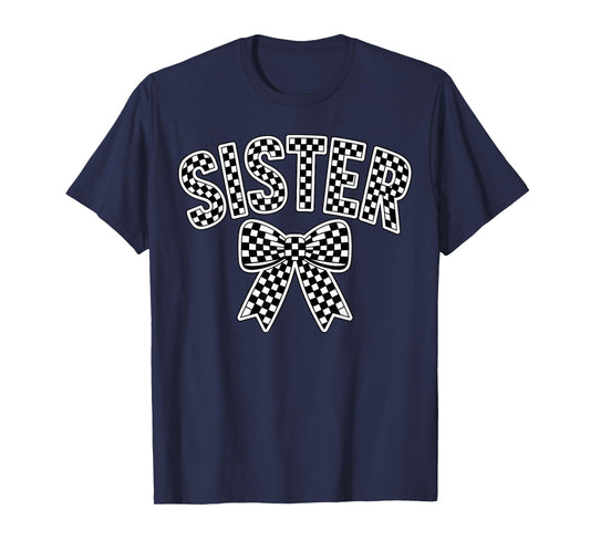 Checkered Sister Bow Racing Race Day T-Shirt