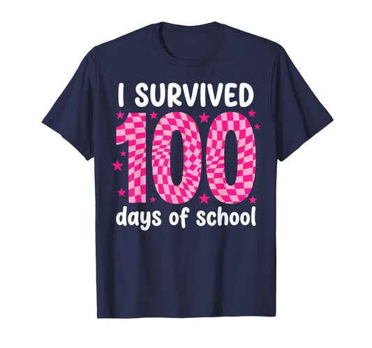 100 Days of School Pink Groovy Checkered Preppy Retro T-Shirt