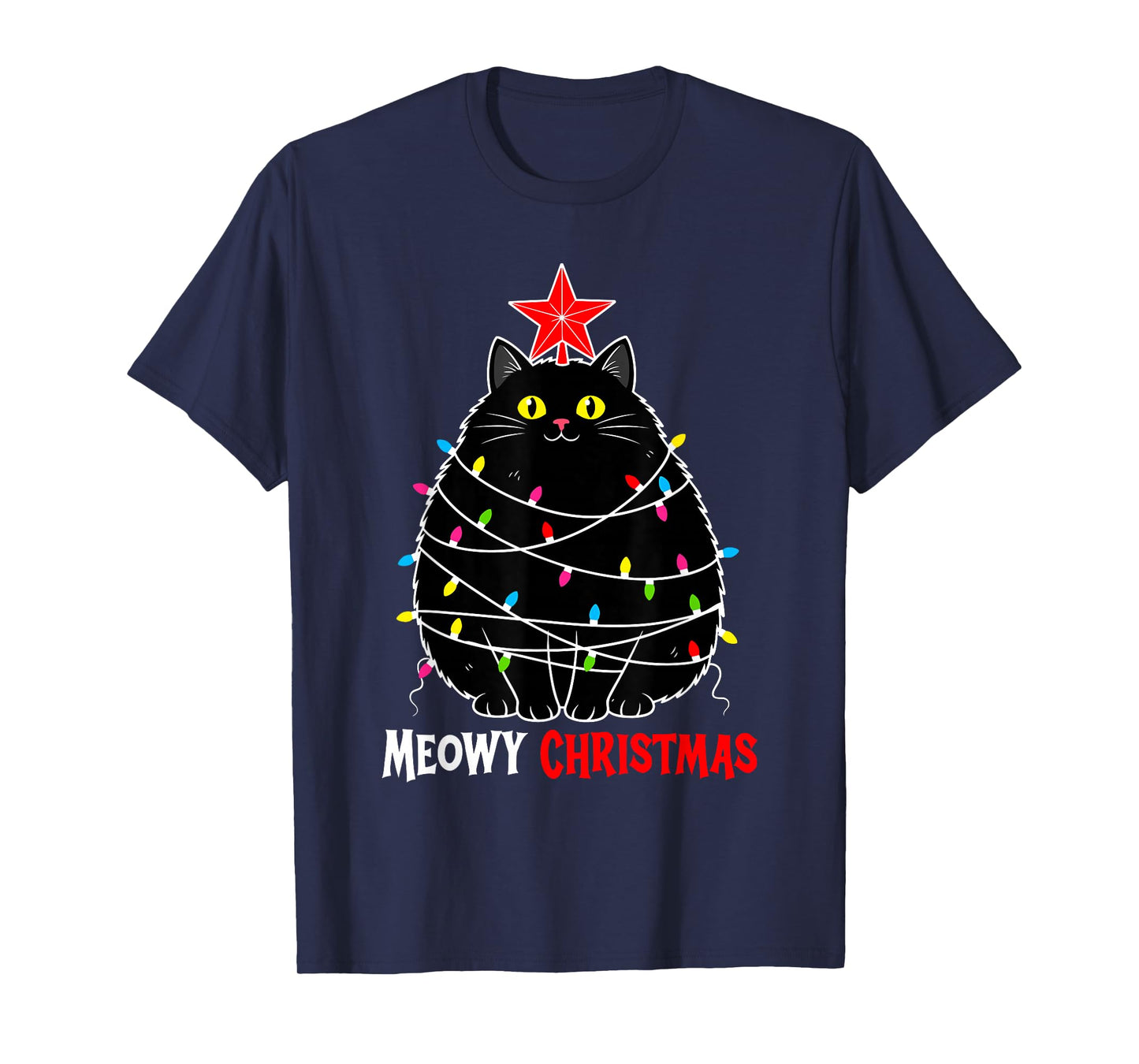 Funny Meowy Christmas Xmas Lights Black Cat Kitten Pet Lover T-Shirt