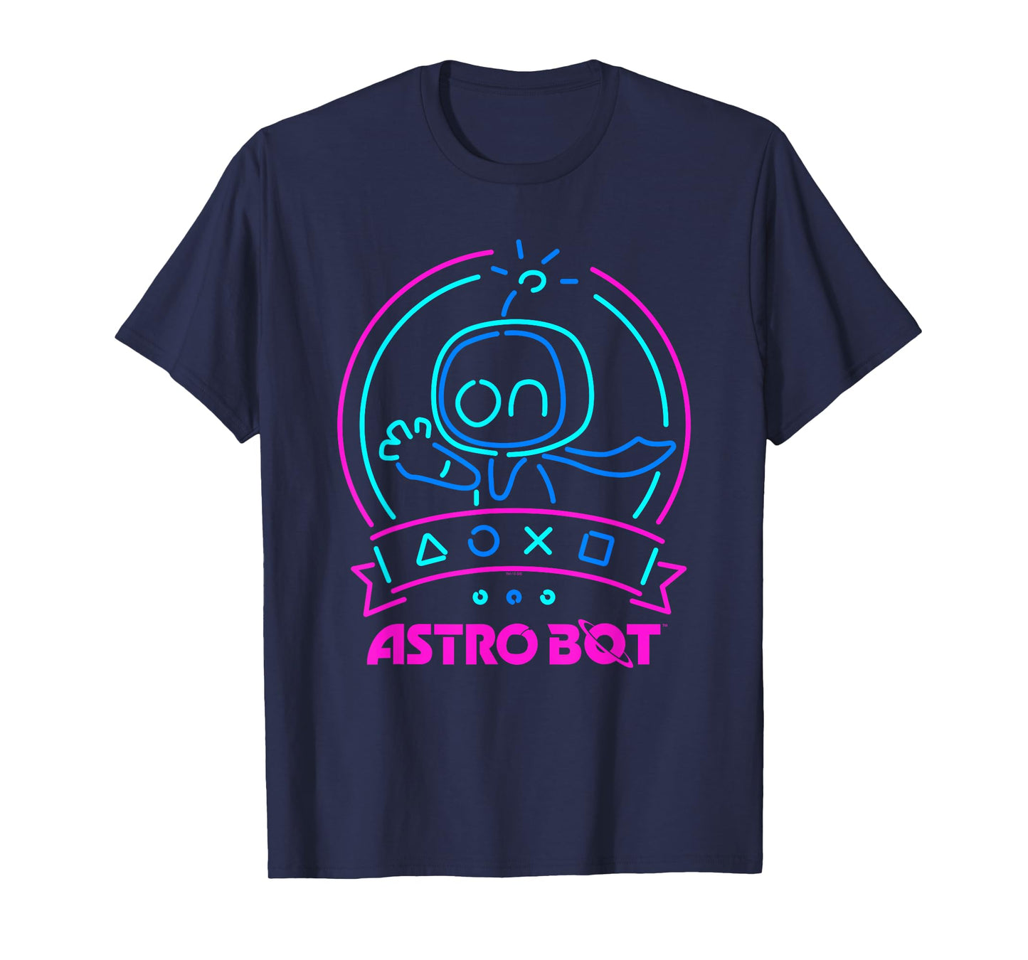 Astro Bot Neon Waving Character with Icons Video Game T-Shirt