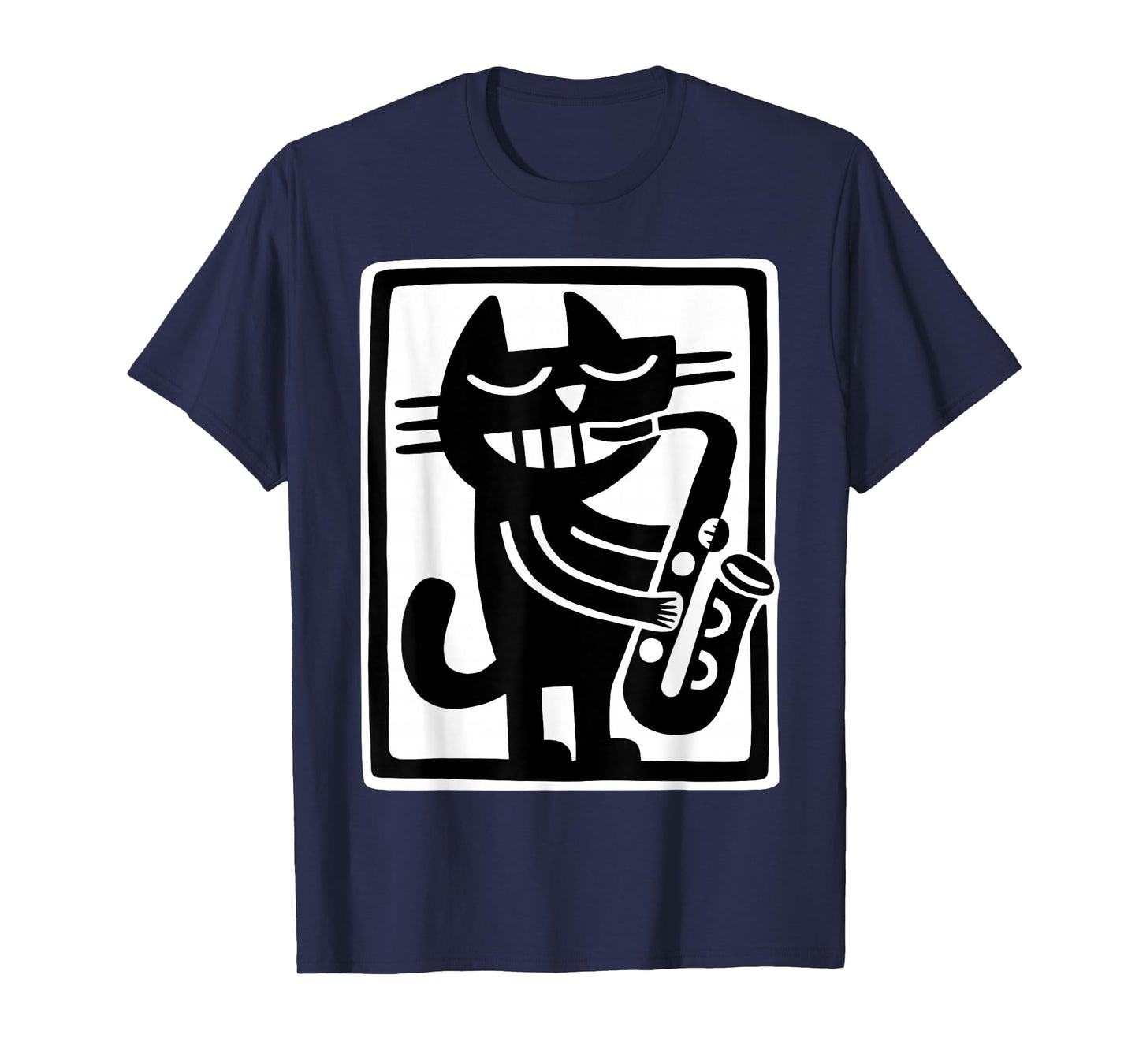 Black Cat Playing Saxophone Jazz Music Retro Art T-Shirt