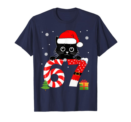 Christmas Family Black cat 67 Six Seven Santa Men Boys Girls T-Shirt