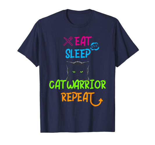 Eat Sleep cat Warrior Repeat Funny Design T-Shirt