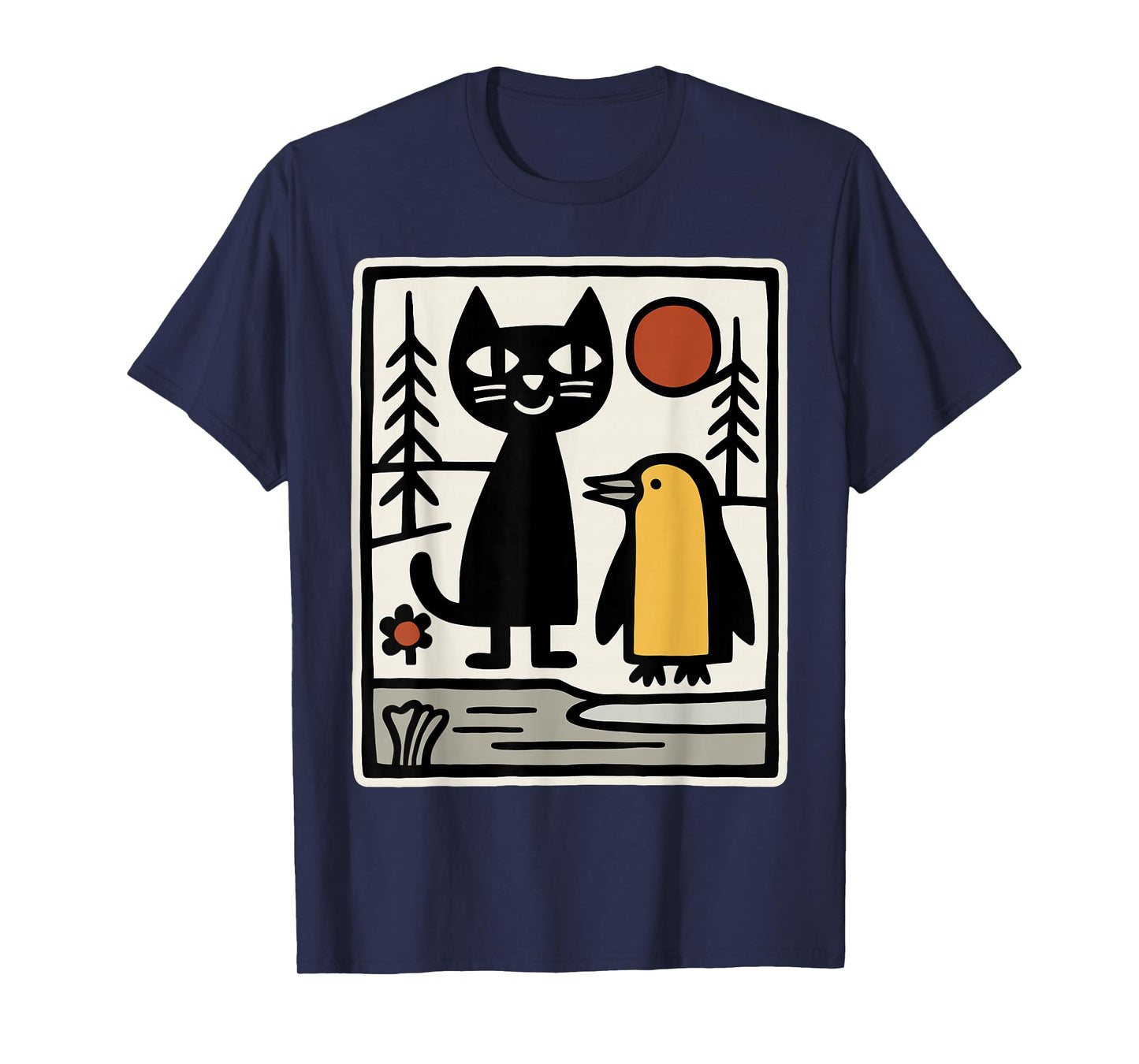 Black Cat and Penguin Winter Animals Cute Snow Scene T-Shirt