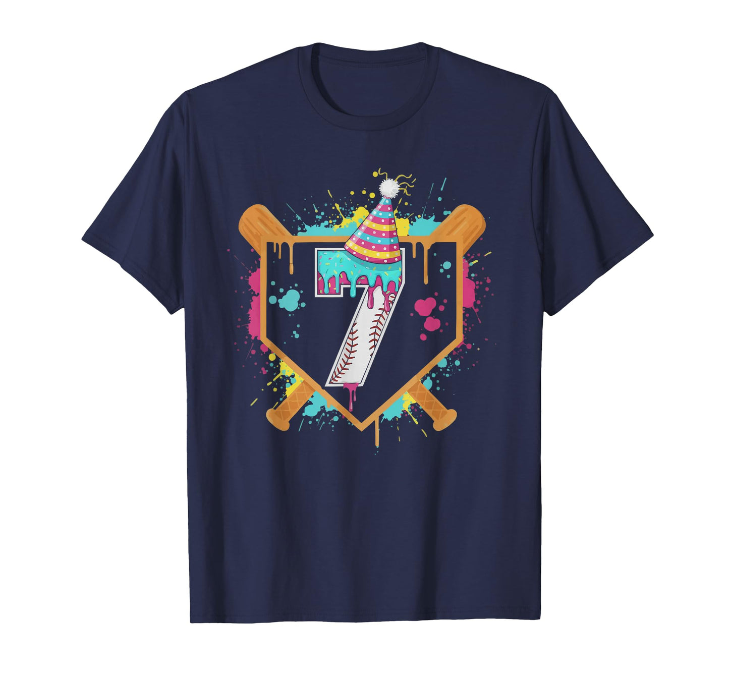 7th Birthday Baseball Ice Cream Drip 7 Year Old Birthday Boy T-Shirt