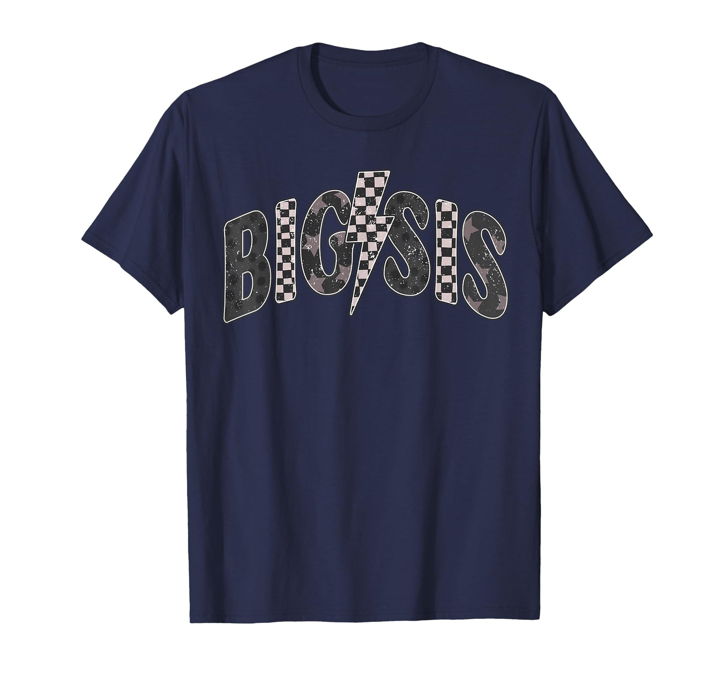 Checkered Big Sis New Sister Announcement Lightning Bolt T-Shirt