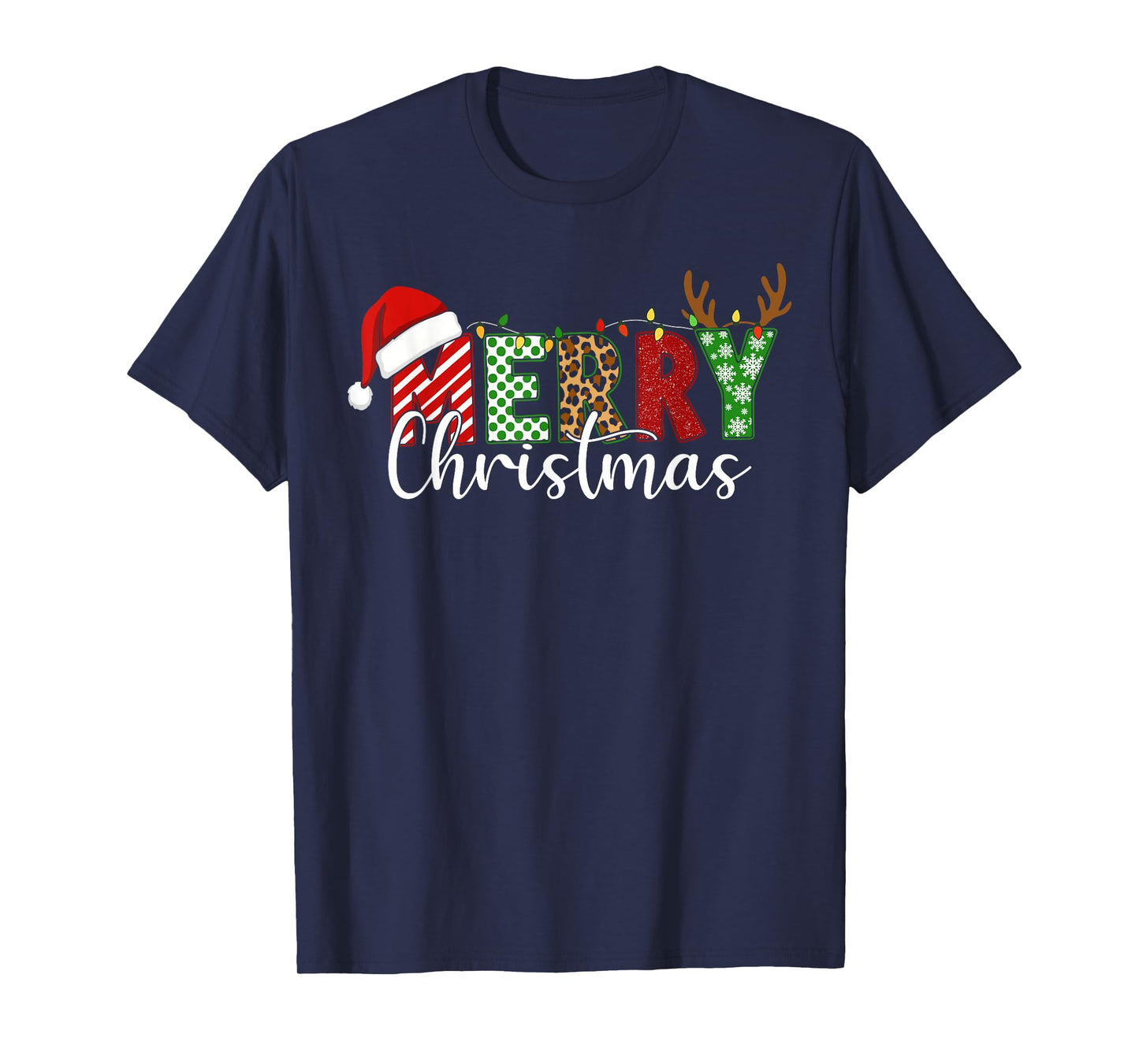 Merry Christmas Lights Red Santa Hat Xmas Family Men Women T-Shirt