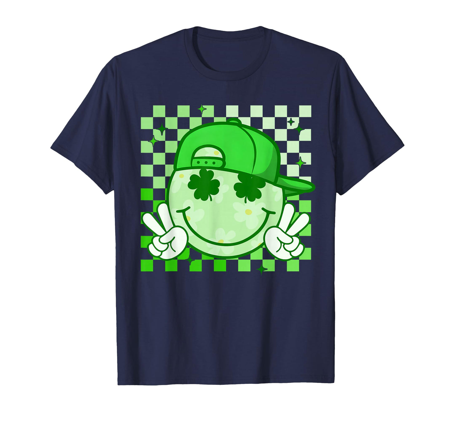 St Patricks Day Groovy Shamrock Smile Face Funny Men Kids T-Shirt