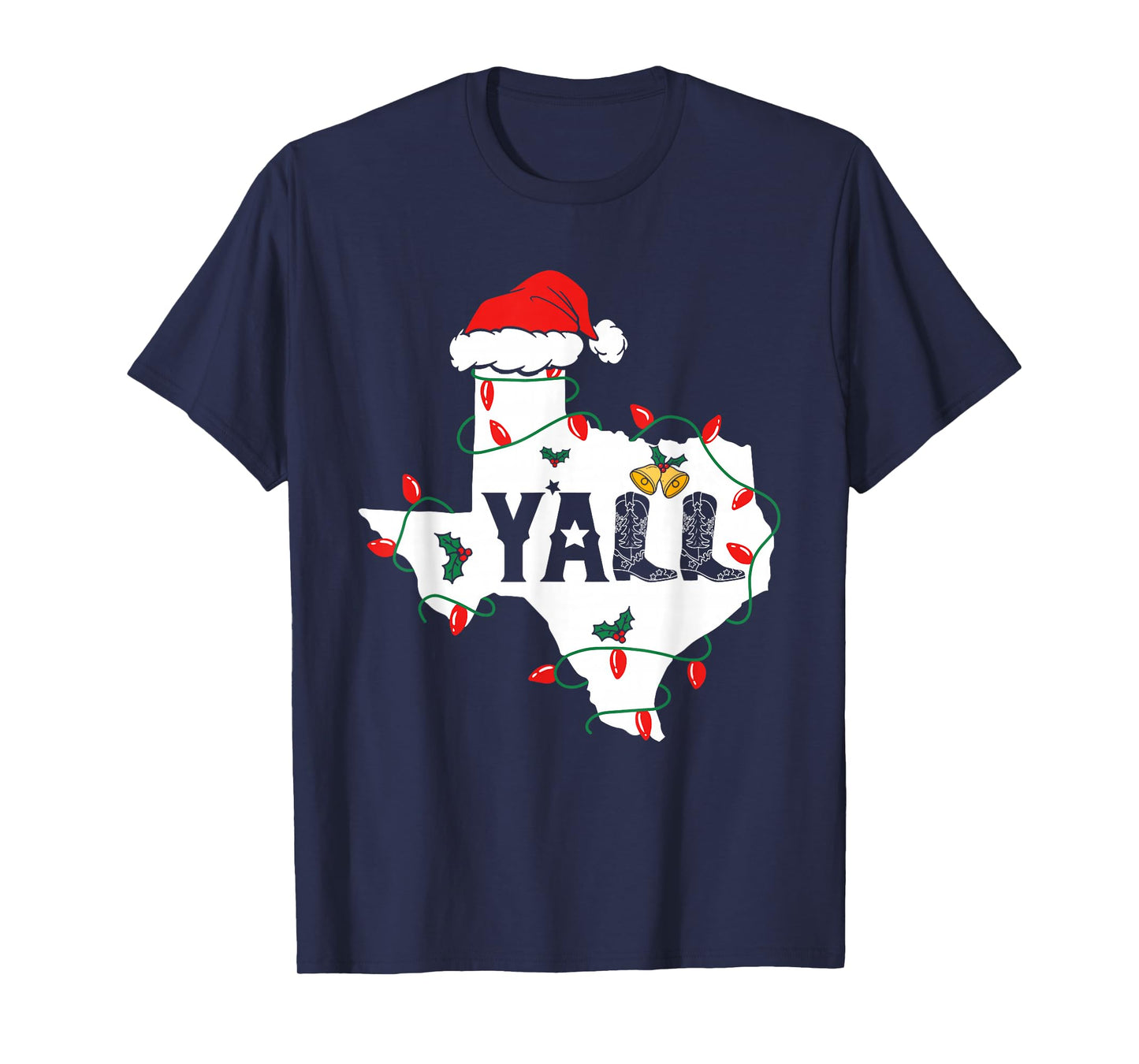 Merry Christmas Y'all Texas Map Santa Hat Lights T-Shirt