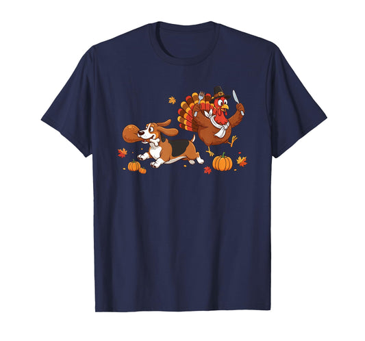 Basset Hound Dog Turkey Autumn Thanksgiving Womens Mens Kids T-Shirt
