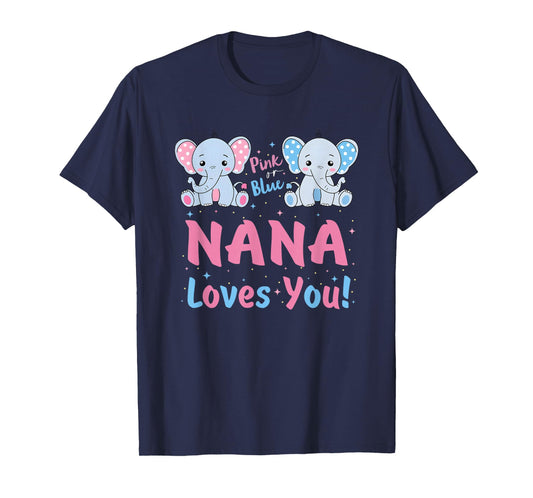 Pink or Blue Nana Loves You Gender Reveal Elephant T-Shirt