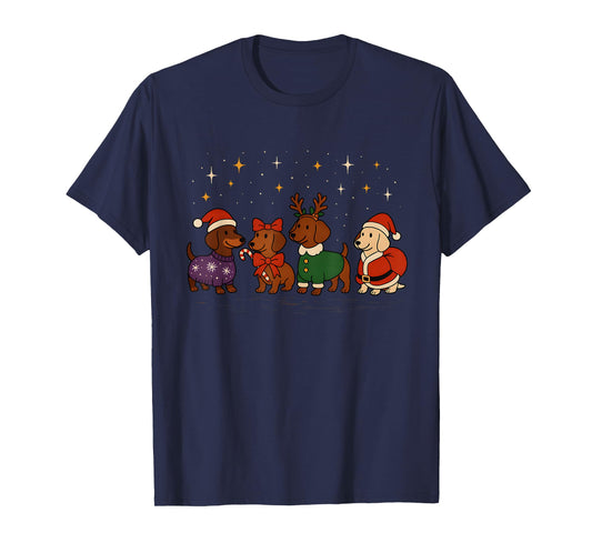 Cute Christmas Dachshunds Dressed for Holiday Fun Art T-Shirt