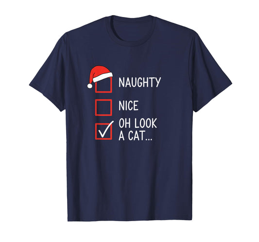 Christmas Naughty Nice Oh Look A Cat Checklist Santa Hat Fun T-Shirt