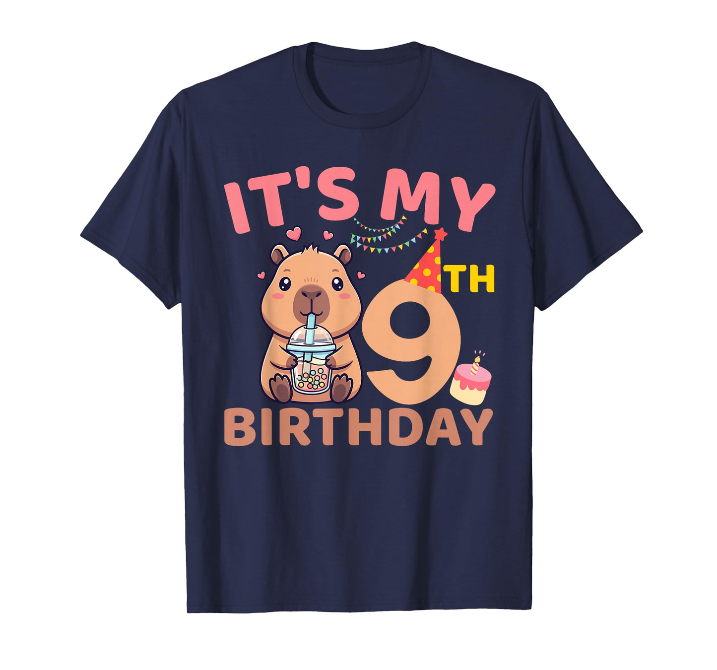 It's My 9th Birthday Capybara Bubble Tea 9 Years Old Party T-Shirt