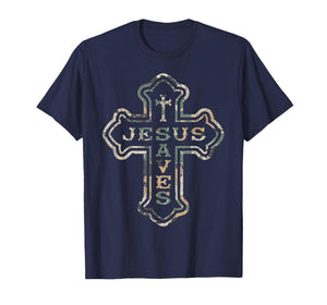 Vintage Camo Jesus Saves Cross Subtle Christian Religious T-Shirt
