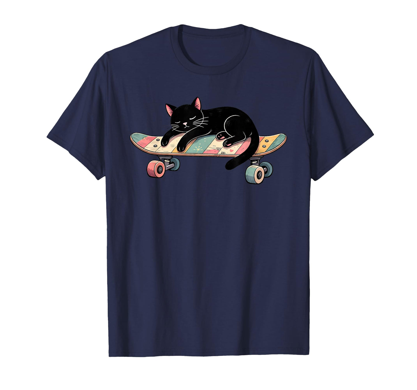Funny Black Cat Sleeping On A Skateboard Skateboarding T-Shirt