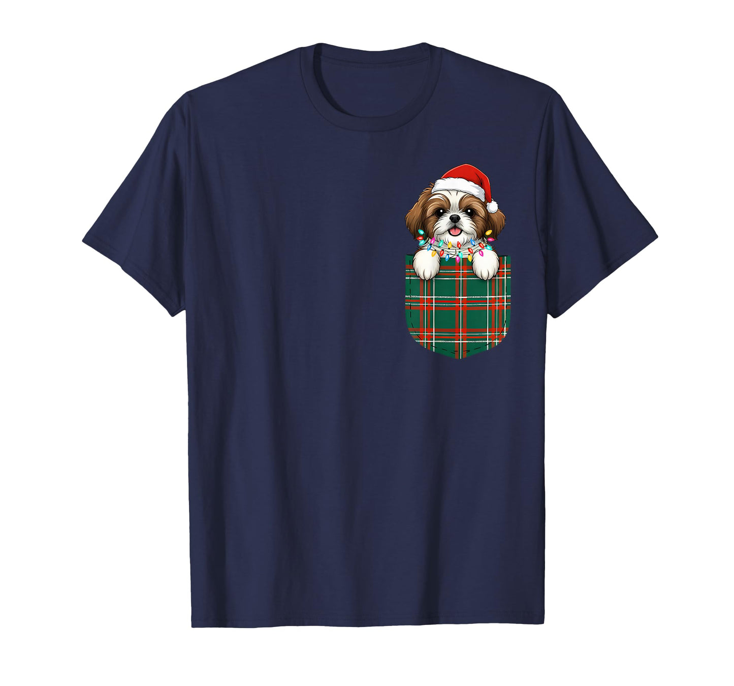 Shih Tzu Buffalo Plaid Green Red White Pocket Christmas T-Shirt