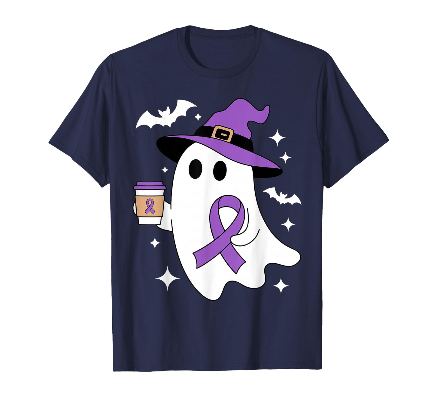 Ghost Halloween Coffee Domestic Violence Awareness DV Ribbon T-Shirt