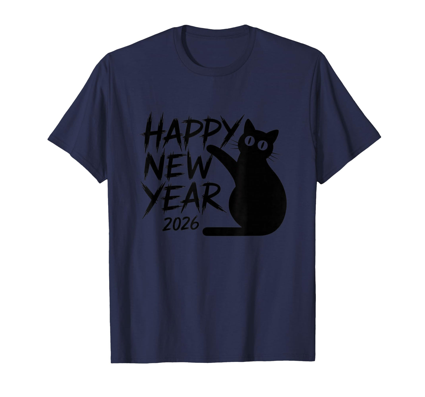 Happy New Year 2026 Black Cat Cute Minimal Holiday Design T-Shirt