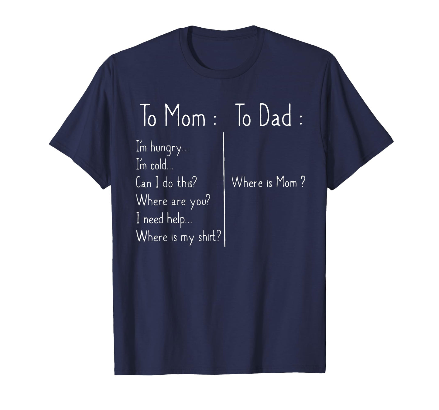 to Mom I'm Hungry I'm Hot I'm Cold to Dad Where is Mom Funny T-Shirt