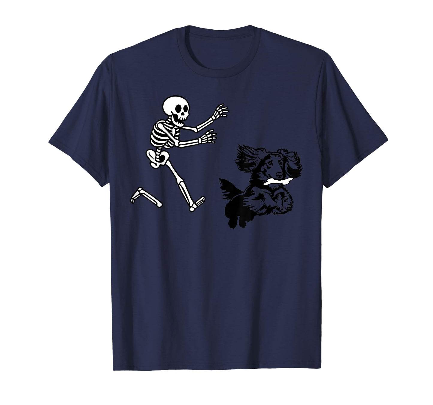 Funny Long haired Dachshund Running Skeleton Halloween T-Shirt