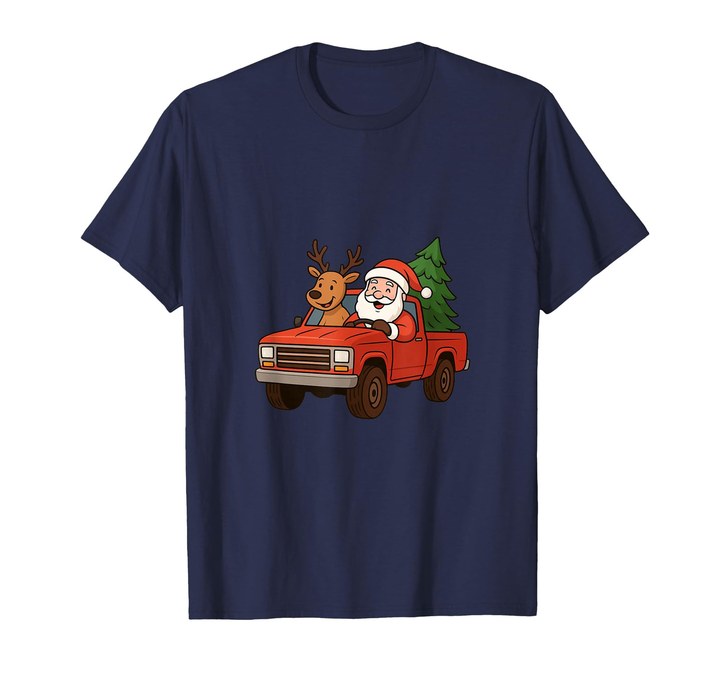 Red Christmas Truck Santa Claus and Reindeer Cartoon T-Shirt