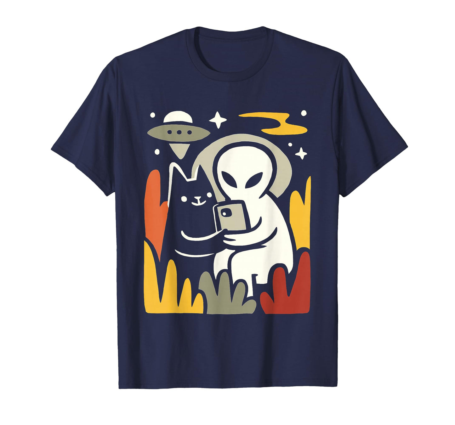 Alien and Cat Selfie Art – Funny UFO Space Illustration T-Shirt