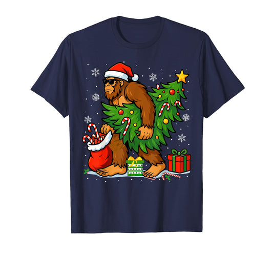 Santa Bigfoot Christmas Tree Xmas Lights Funny Sasquatch T-Shirt