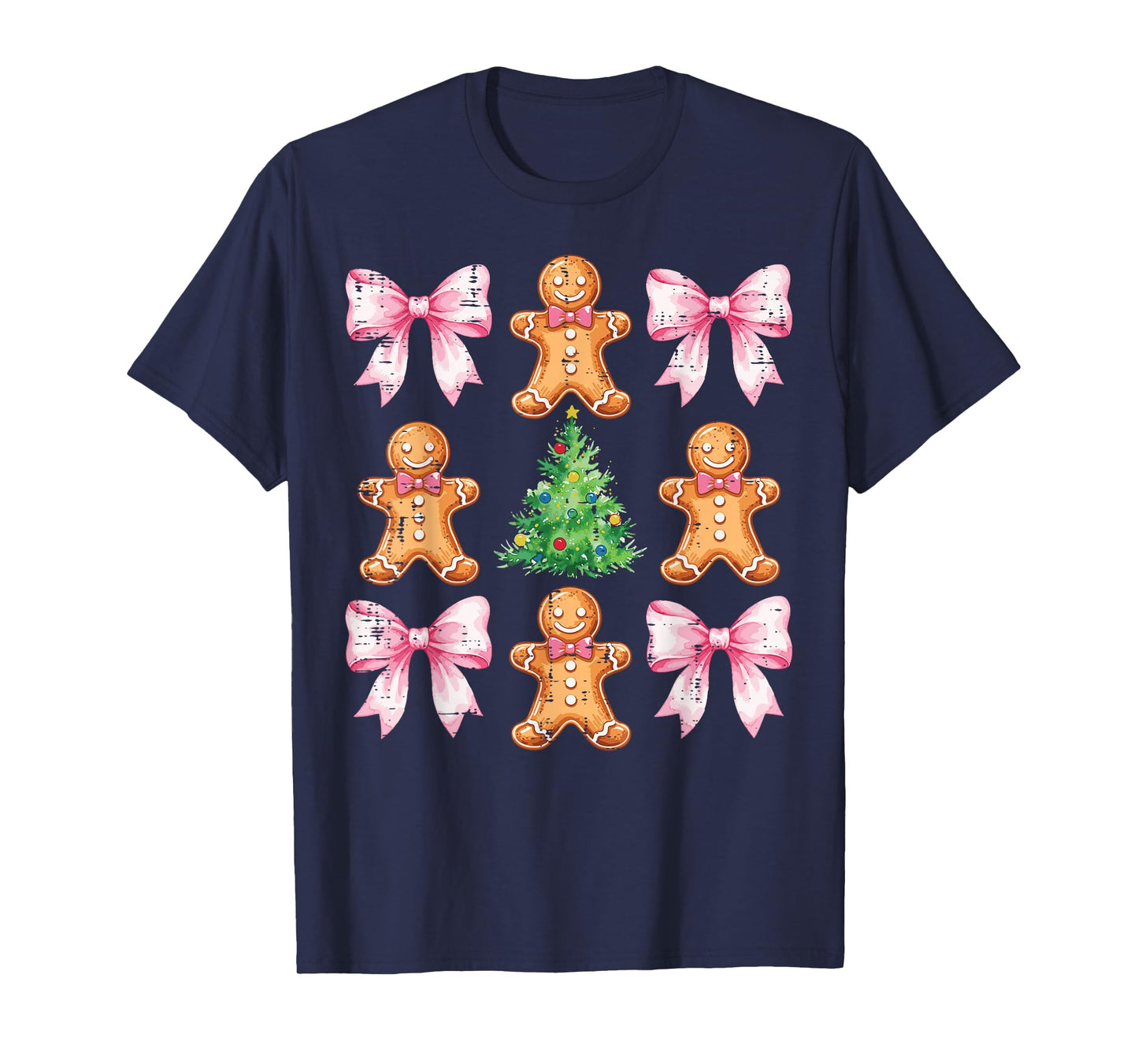 Christmas Tree Gingerbread Man Bow Pattern Xmas Girls Kids T-Shirt