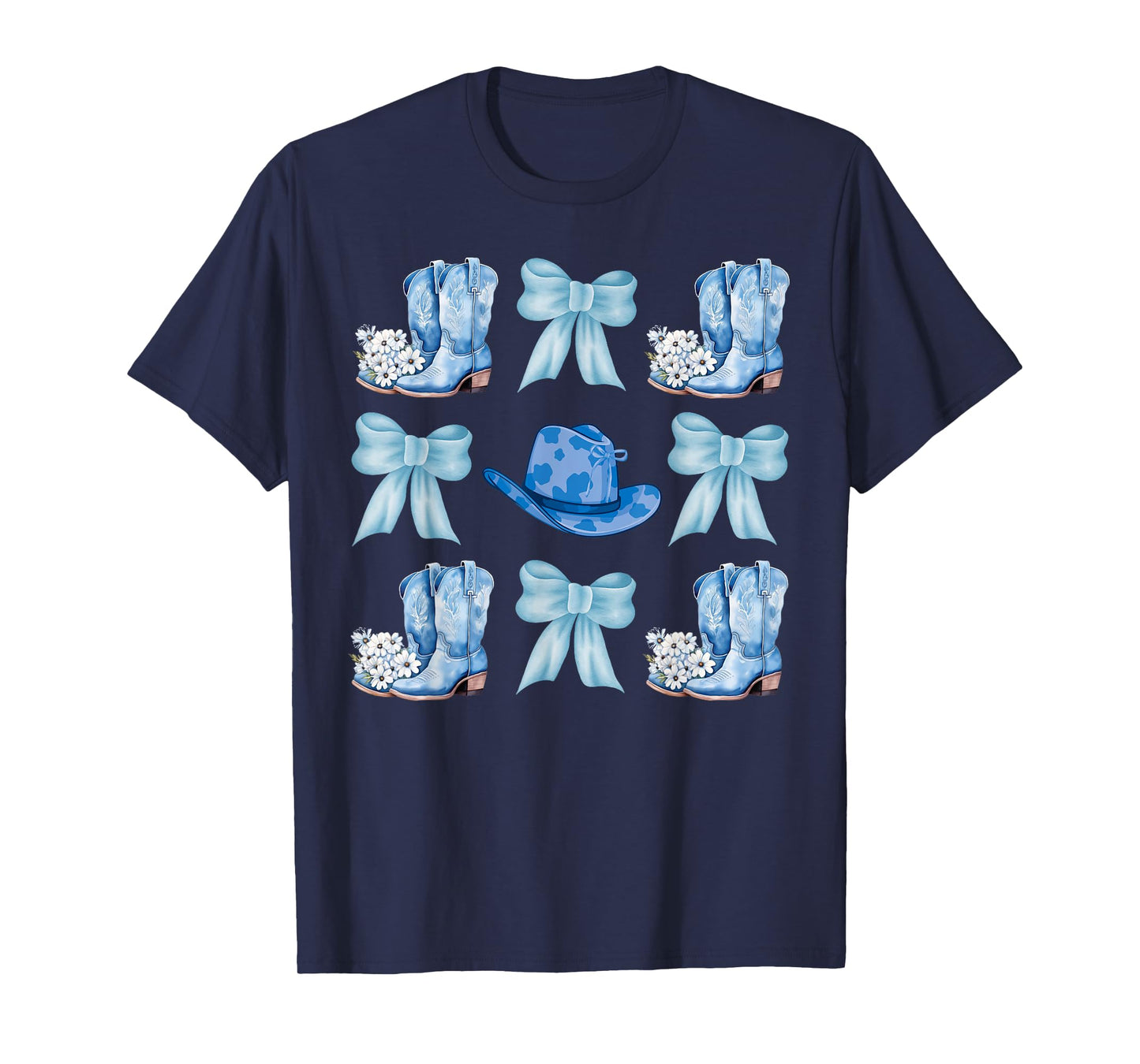 Coquette Bow Cowgirl Boots Blue Bows Hat Western Rodeo T-Shirt