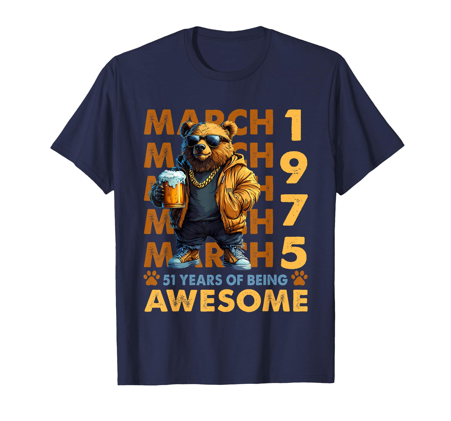 51st Birthday Cool Bear March 1975 Vintage 51 Years Old T-Shirt
