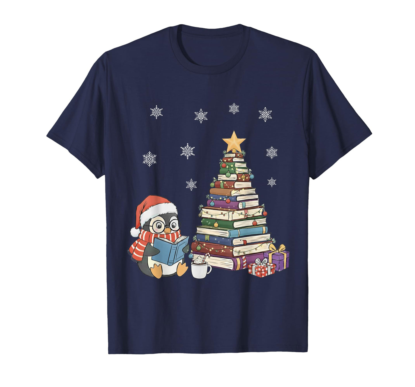 Christmas A Penguin Reading Book Snowflake Cocoa Hot Teacher T-Shirt