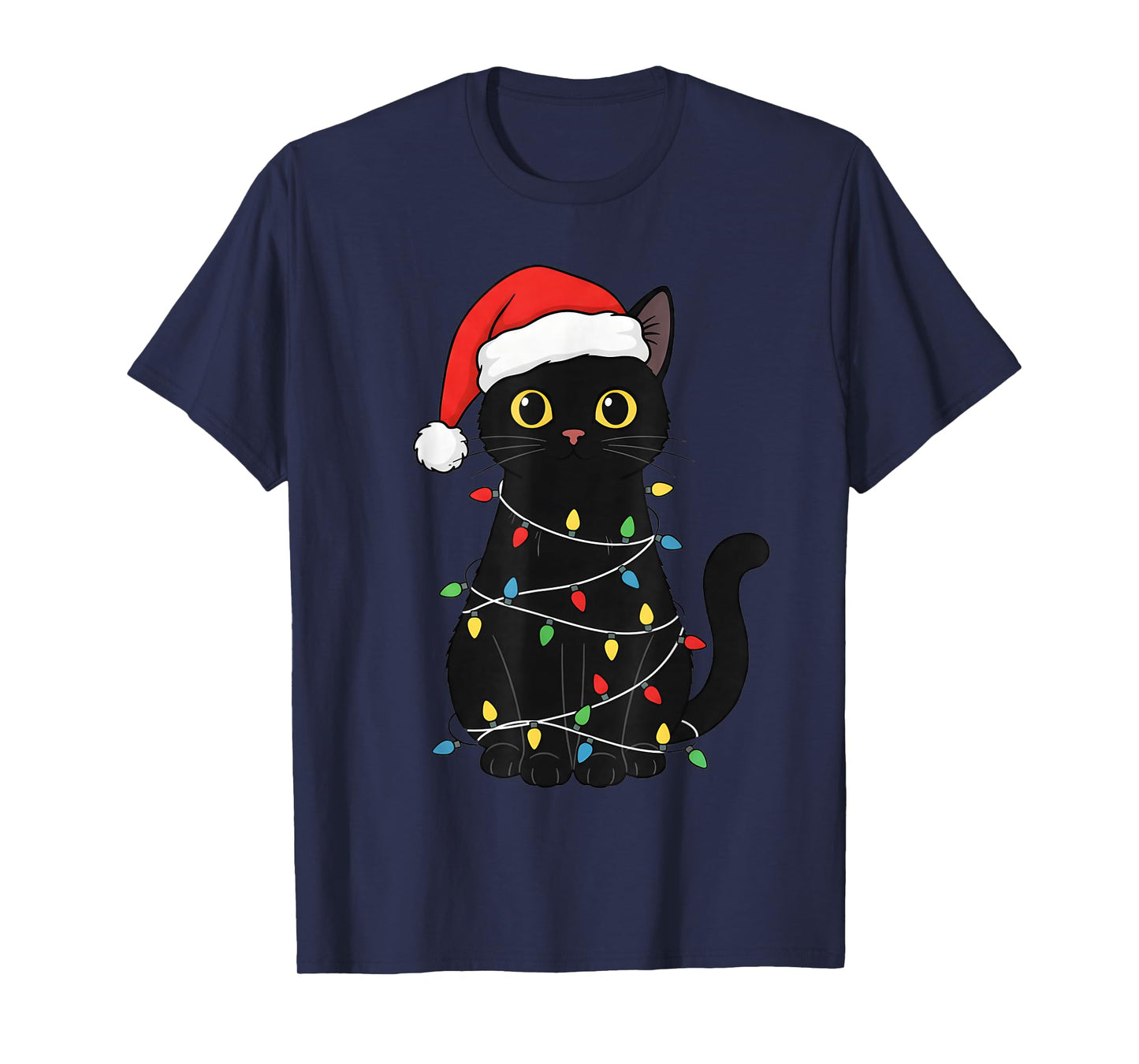 Funny Festive Black Cat Christmas Light Tangle Humor T-Shirt