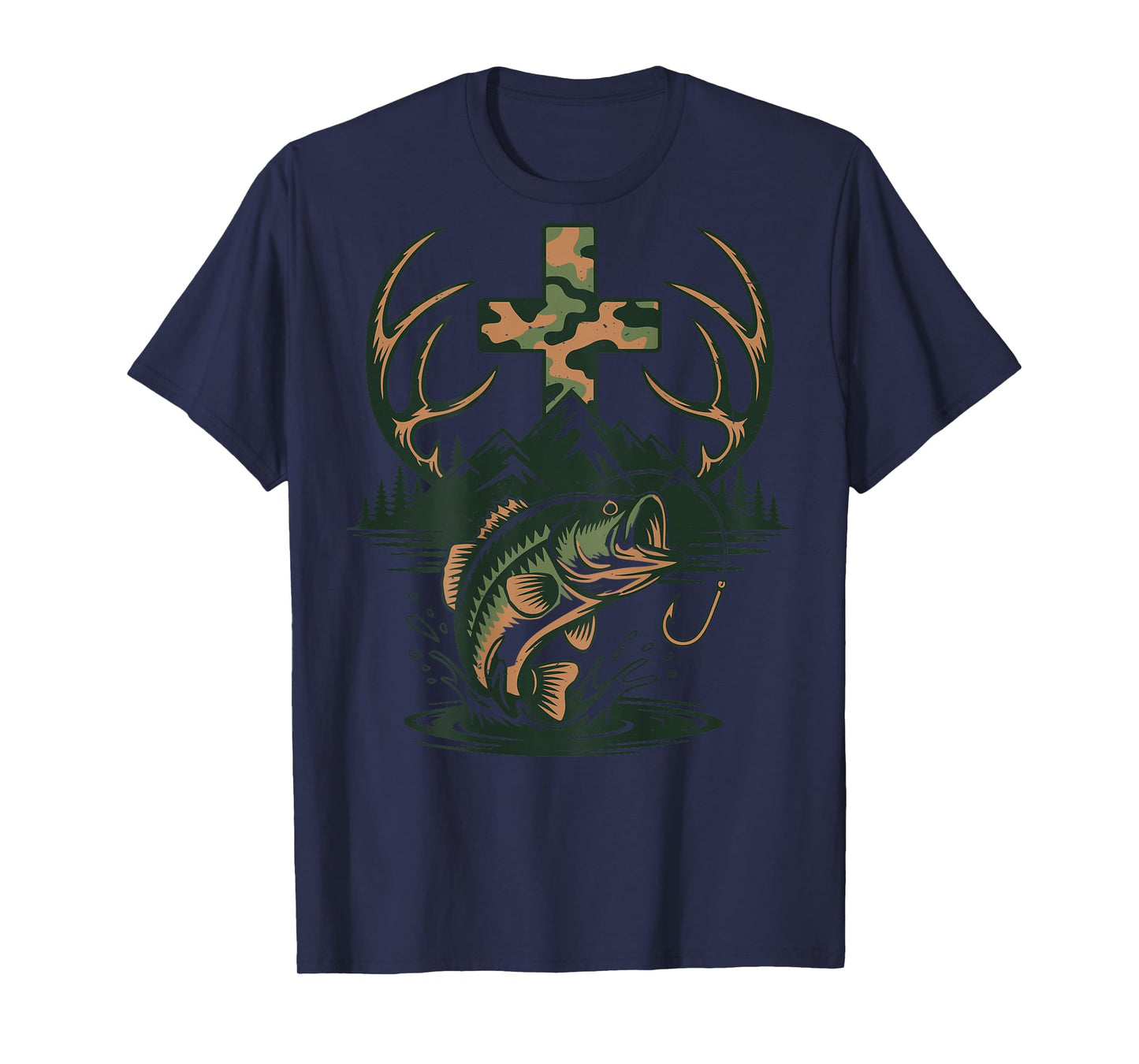 Youth Camo Faith Hunting Fishing Cross Fisherman Christian T-Shirt