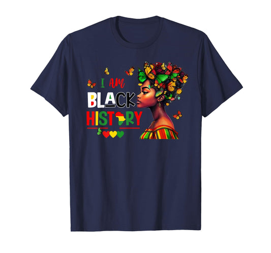 Black Woman African Melanin I Am Black History Butterfly T-Shirt