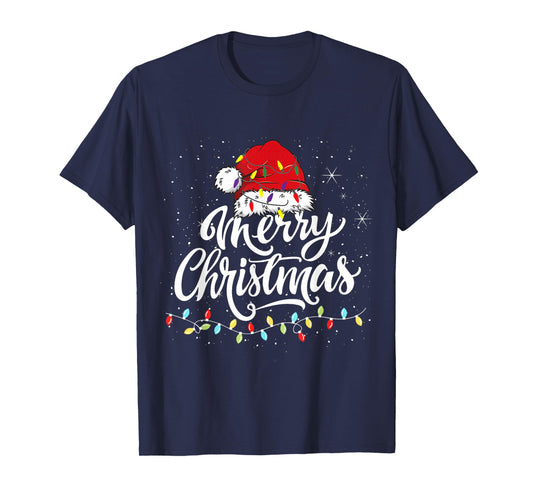 Merry Christmas Lights Santa Hat Xmas Family Matching Pajama T-Shirt