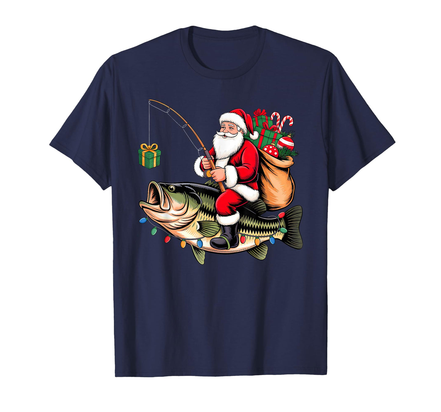 Santa Riding Bass Fish Christmas Fishing Funny Xmas Pajamas T-Shirt