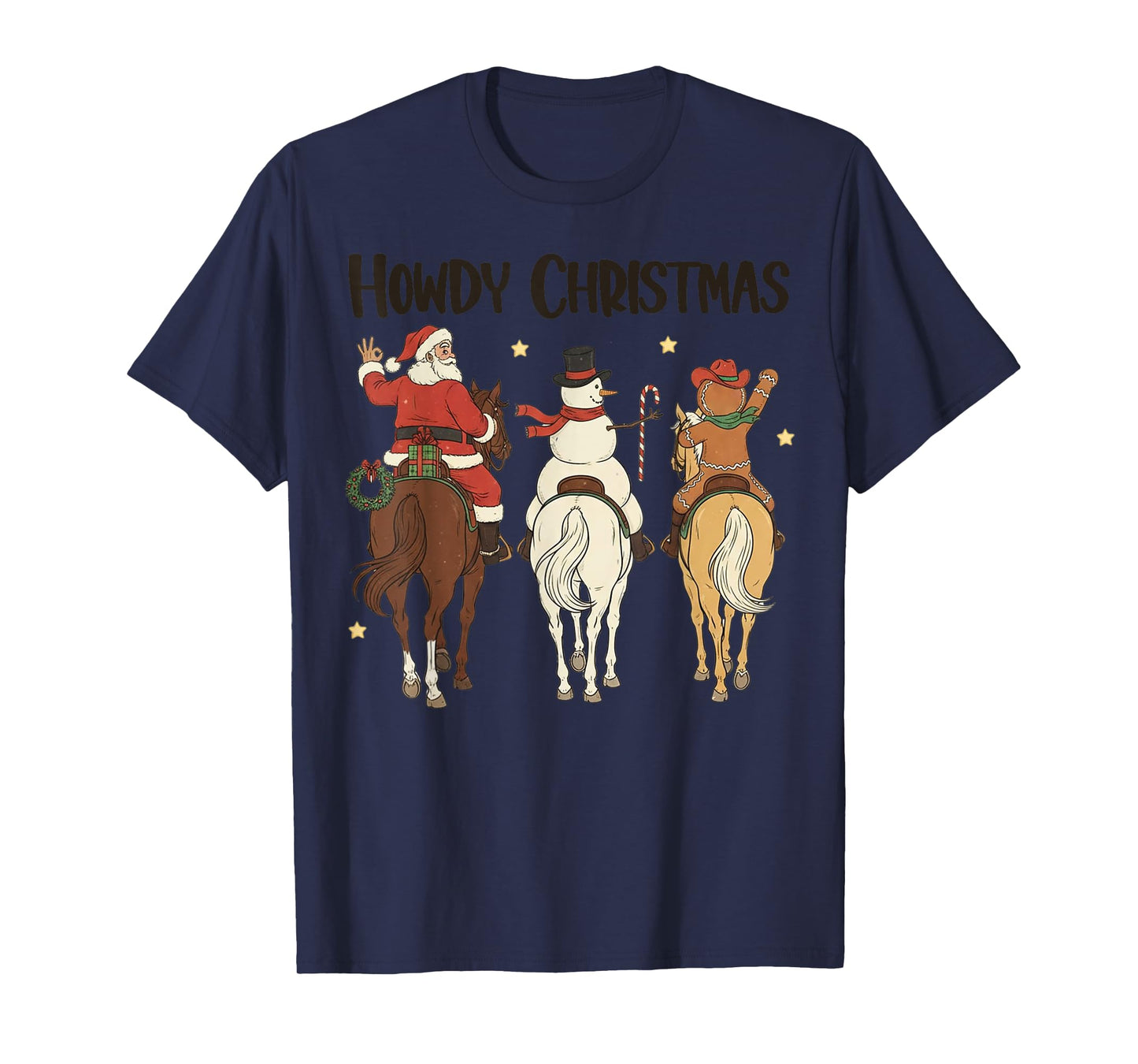 Retro Howdy Christmas Santa Snowman Gingerbread Riding Horse T-Shirt