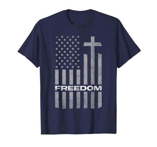 Freedom Distressed American Flag Cross Christian T-Shirt