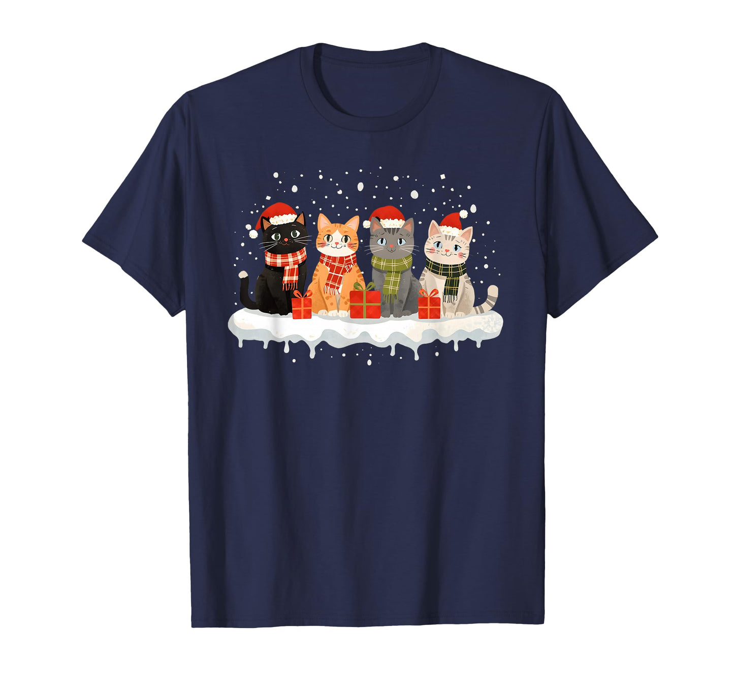 Cat Christmas Light Reindeer Santa Christmas Cat Lover Xmas T-Shirt