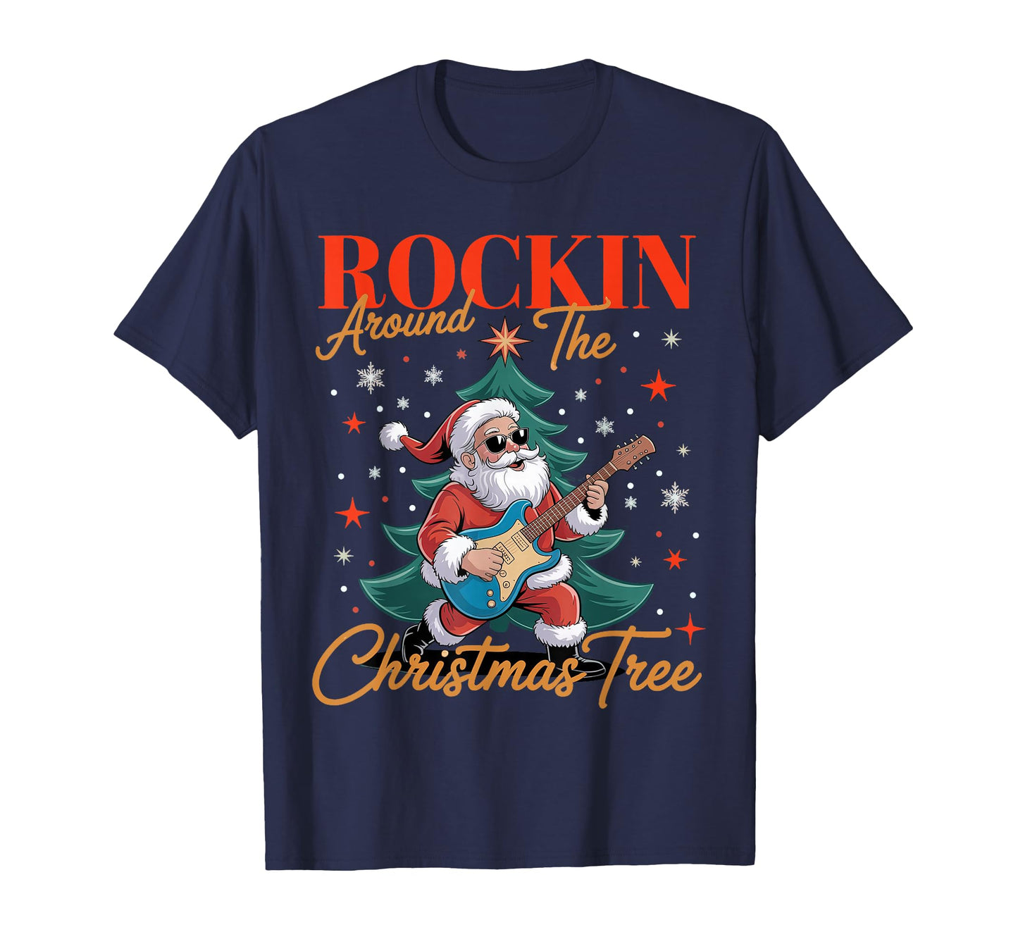 Rocking Around The Christmas Tree Santa Rock and Roll Guitar T-Shirt
