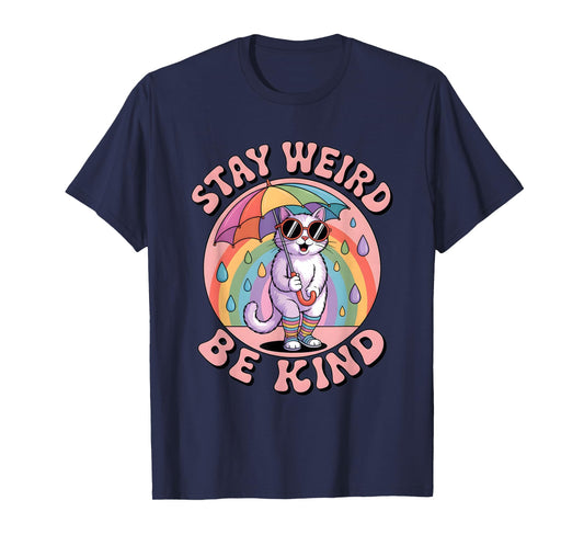 Stay Weird Be Kind Kindness Retro 80s Groovy Rainbow Cat T-Shirt