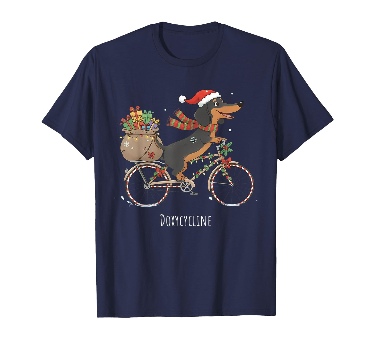 Doxycycline Pharmacy Funny Dachshund On Bicycle Christmas T-Shirt
