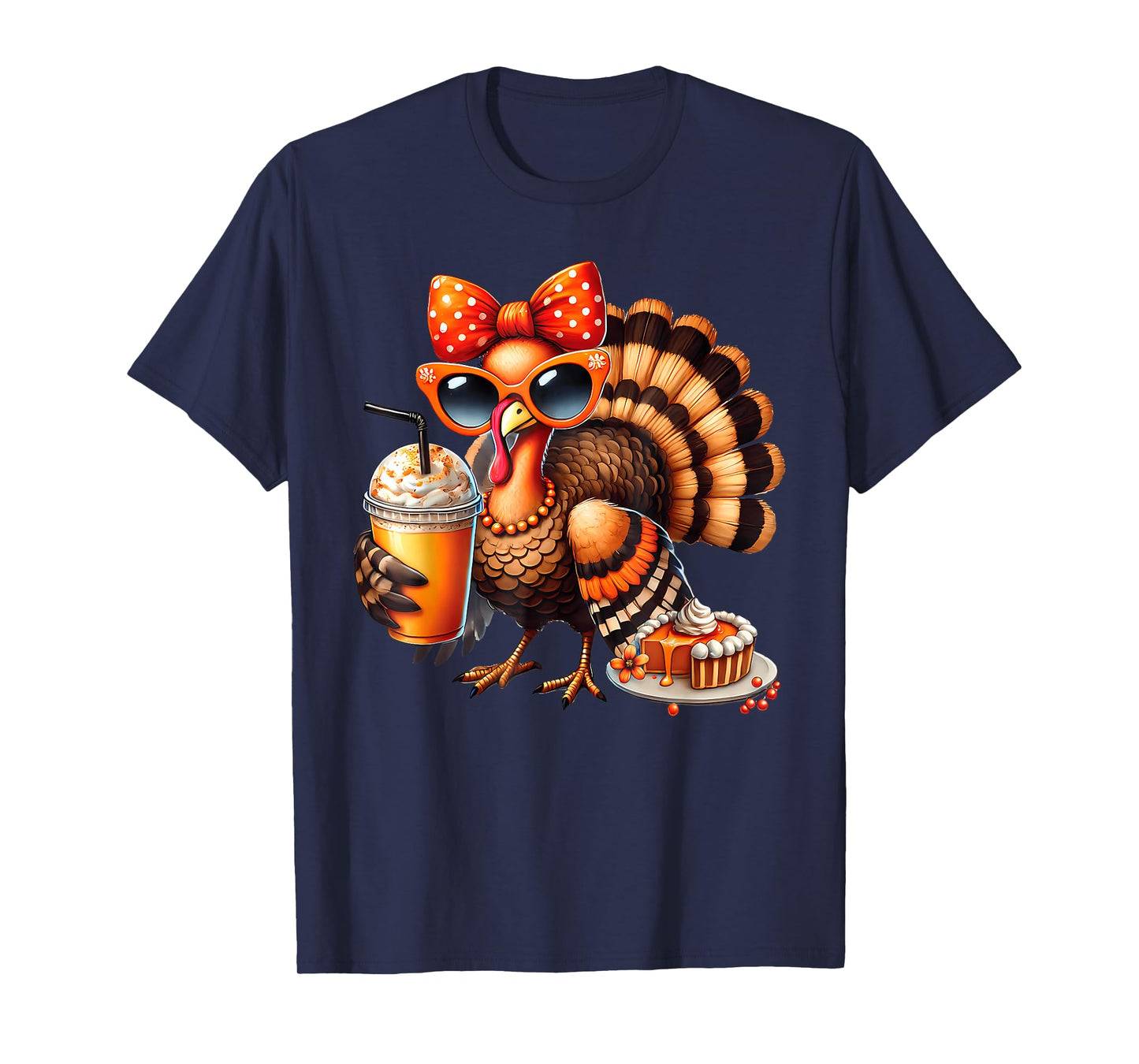 Turkey Drinking Coffee Bow Thanksgiving Womens Turkey Day T-Shirt