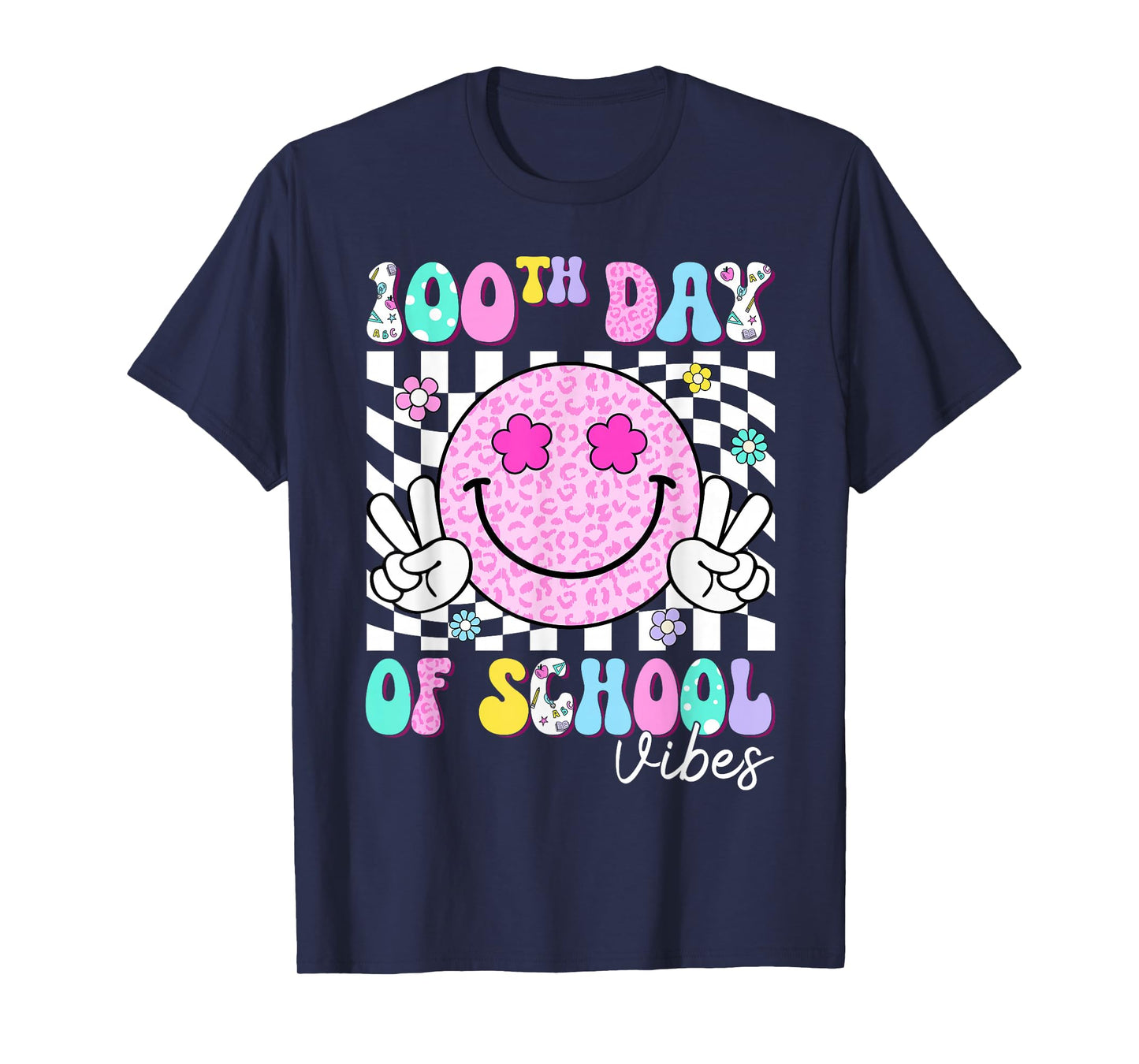 Groovy 100th Day of School Vibes Smile Face Teacher Kids T-Shirt