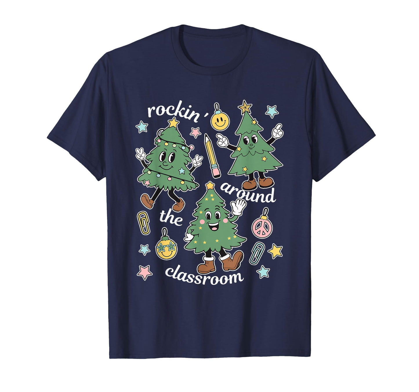 Retro Teacher Christmas Rockin' Around The Classroom Womens T-Shirt
