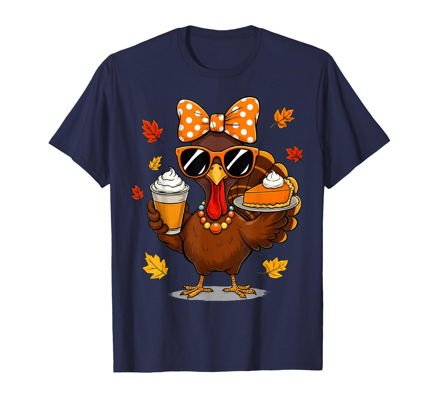 Turkey Drinking Coffee Bow Thanksgiving Womens Turkey Day T-Shirt