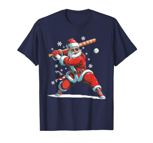 Santa Playing Baseball Christmas Candy Cane Fun Xmas Holiday T-Shirt