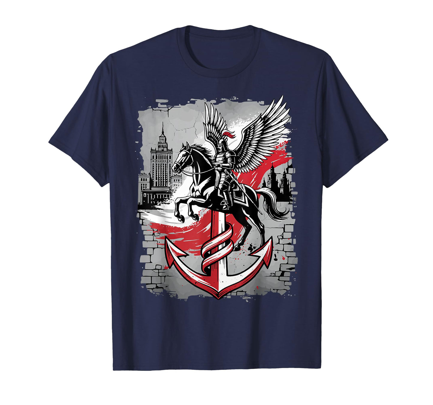 Winged Hussar Polish Anchor PW Symbol Warsaw Skyline Art T-Shirt
