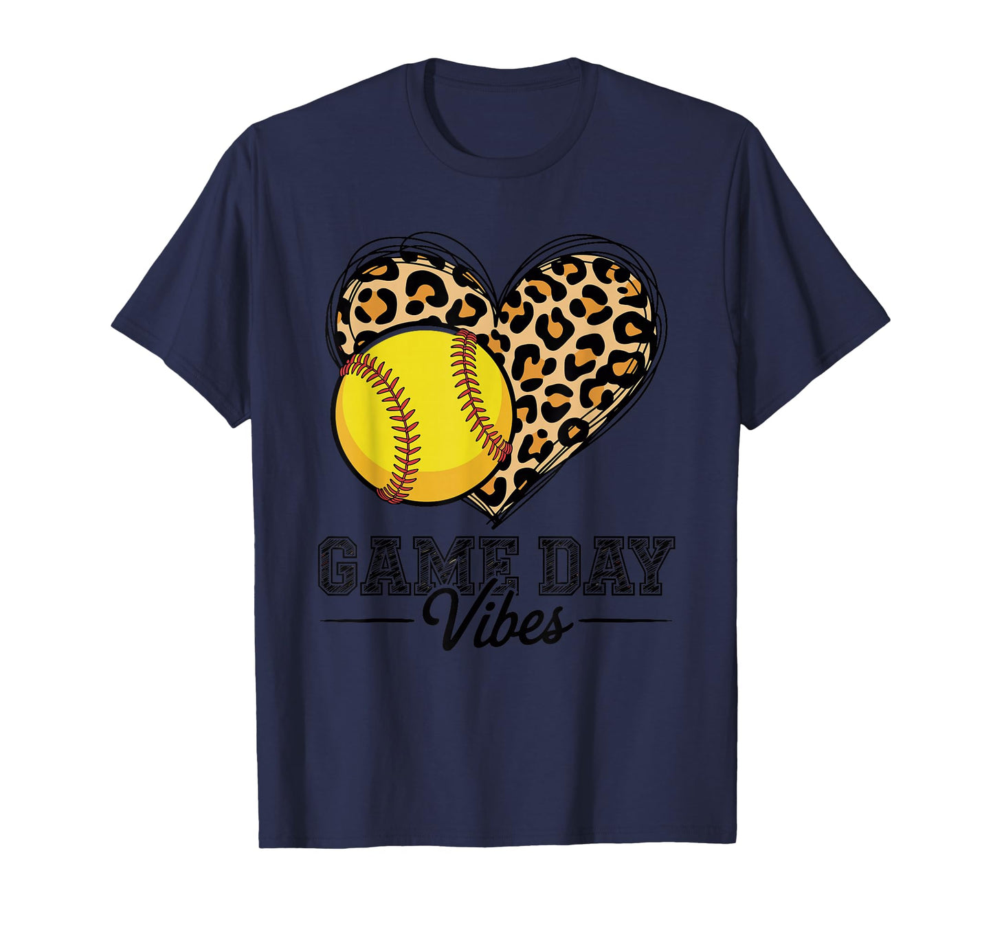 Softball Leopard Heart Graphic Fastpitch Game Day Vibes T-Shirt